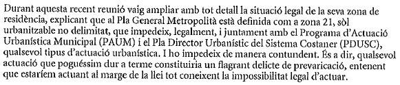 Explicaci de l'Ajuntament de Gav dels motius que impedeixen a l'Ajuntament de Gav urbanitzar el cam de la Pineda de Gav Mar (3 de desembre de 2009)